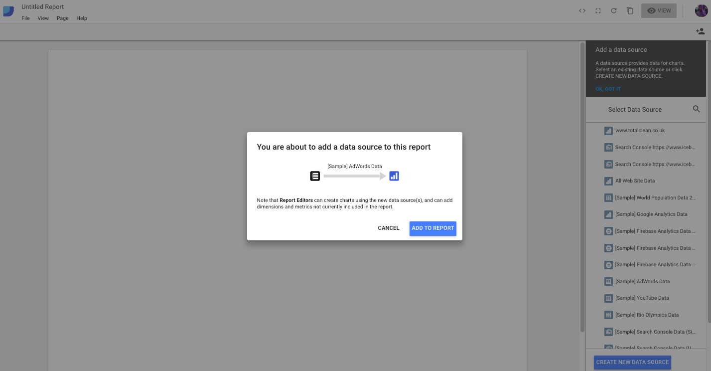 Google Data Studio New Data Source
