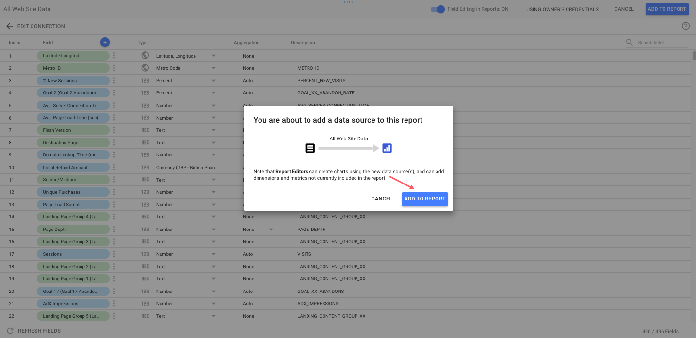 Confirm new Data Base do Google Data Studio