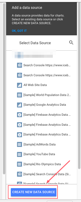 Google Data Studio Data Source Selection