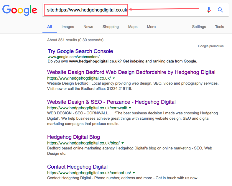 Example of search operator site:wwwhedgehogdigital.co.uk