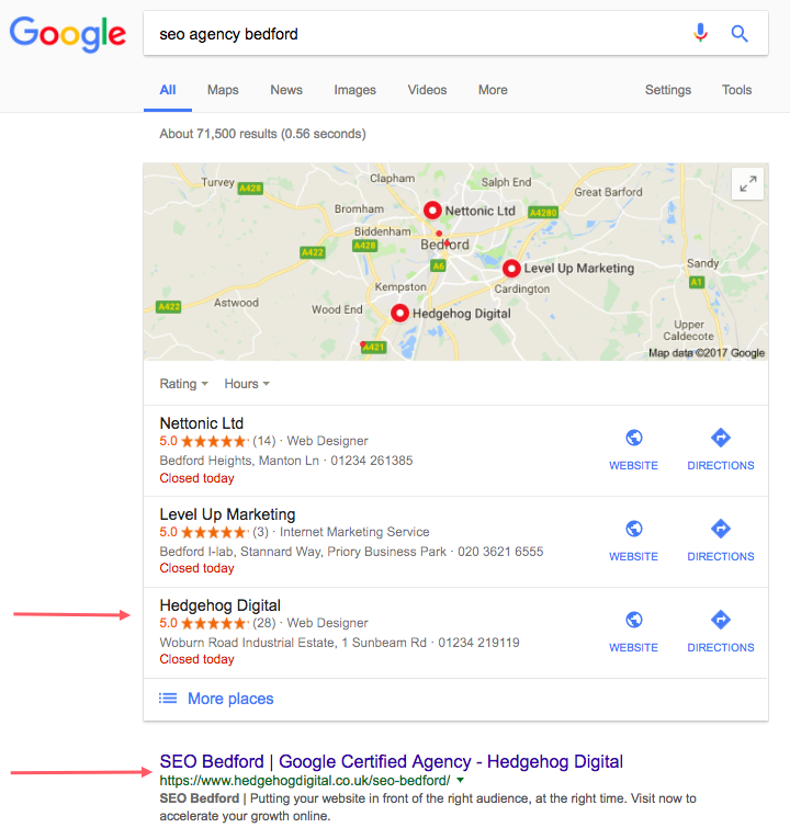 google local pack of geo-targeted results