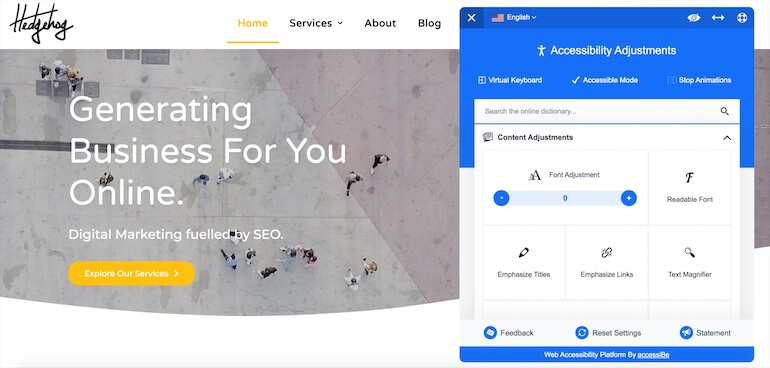 Accessibility adjustments on hedgehogdigital.co.uk