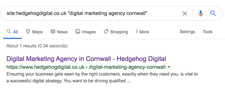 Google results page of local SEO qualifier keyword 'digital marketing agency Cornwall' showing no duplicate content from Hedgehog's website