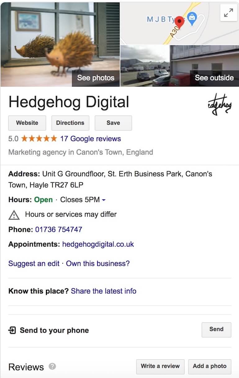 Google My Business side panel for Hedgehog Digital