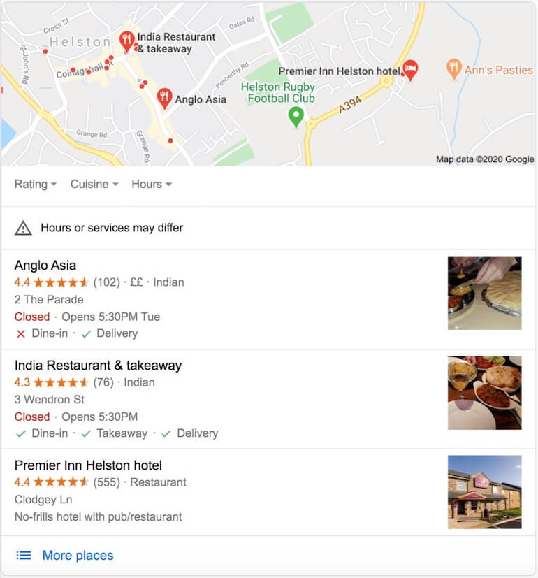 Google local pack listing for 'Indian restaurant near me'