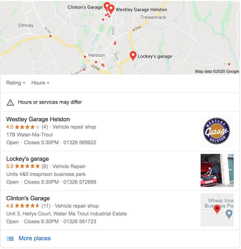 Google local pack listings for 'garages near me search'