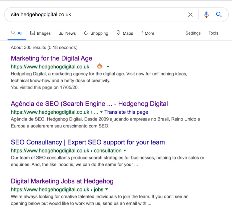 Google results page showing all indexed pages of hedgehogdigital.co.uk